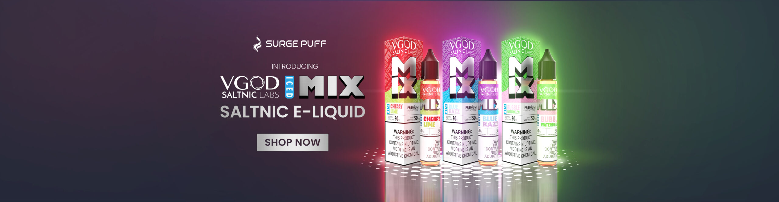 SurgePuff banner introducing VGOD SaltNic Labs Iced Mix E-Liquid collection. Featured premium salt nicotine flavors include Iced Cherry Lime, Blue Razz, and Bubble Watermelon. Shop the best iced vape juice and salt nic at SurgePuff.